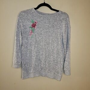 Girls XL Heather Gray Marled Knit Sweater Pink Rose Floral Embroidery 891168K
